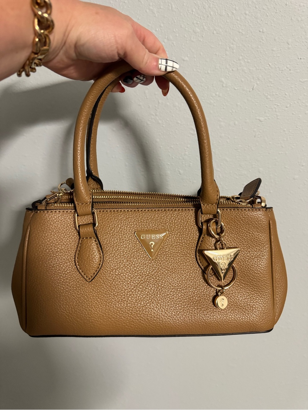 GUESS Tan Pebbled Leather Satchel with Gold Hardware
